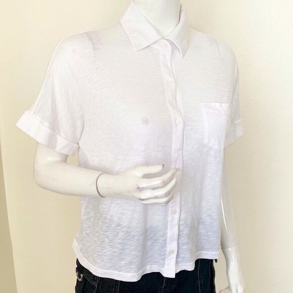 Stateside Supima Cotton Slub Knit Short Sleeve Button Down Pocket Shirt in White - Picture 1 of 6